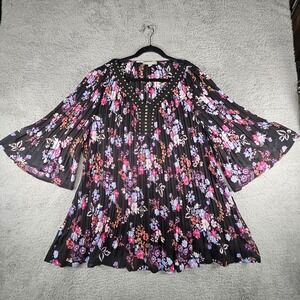 Woman Within Top Womens 1X‎ Floral Chiffon Stud Accordion Bell Sleeves Festival